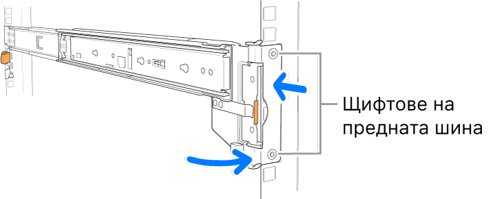 Илюстрация на монтажна релса с показано положението на предните щифтове на релсата.