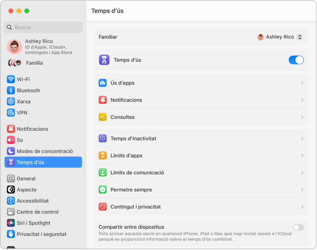  Una finestra de configuració de “Temps d’ús” amb les opcions per veure l’ús d’apps, les notificacions i les consultes, a més de les opcions per gestionar el temps d’ús, com ara programar el temps d’inactivitat i configurar els límits d’apps i de comunicació, entre altres.