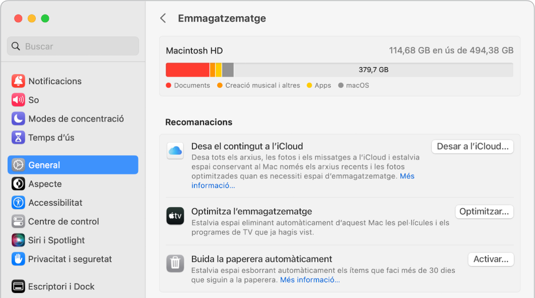 La configuració de recomanacions d’emmagatzematge, mostrant les opcions “Desar a l’iCloud”, “Optimitzar l’emmagatzematge” i “Buida la paperera automàticament”.