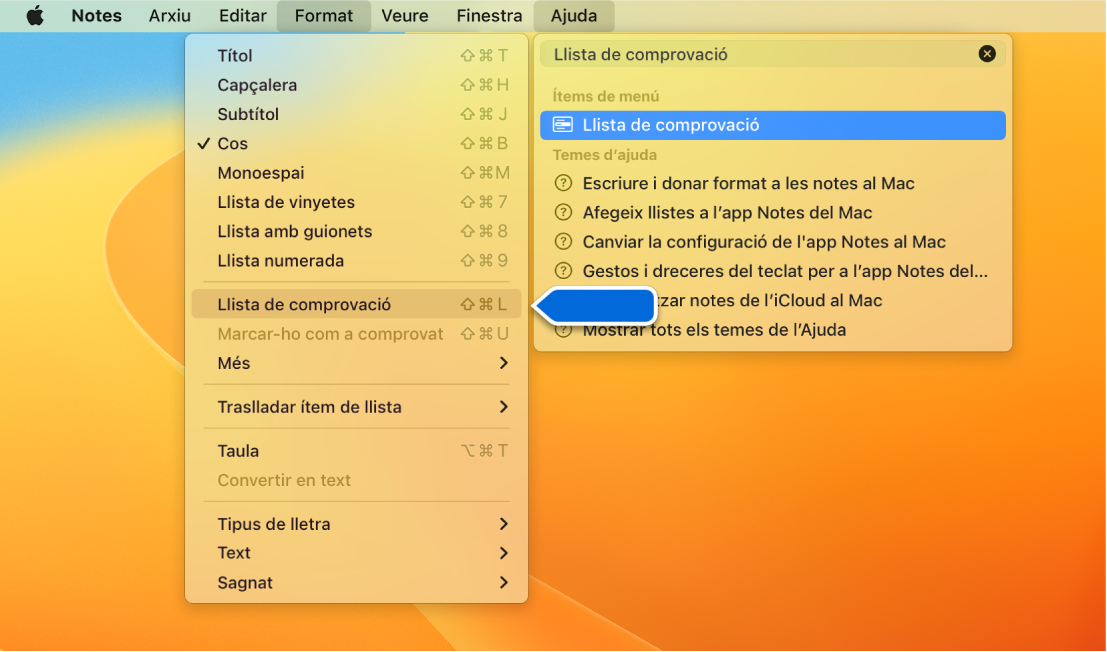 Al menú Ajuda es mostra la cerca “llista de comprovació”, que apareix ressaltada al menú Format.