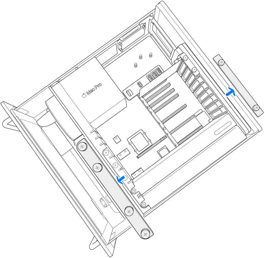 Mac Pro med en illustration af, hvordan fastgørelsesbeslagene fjernes.