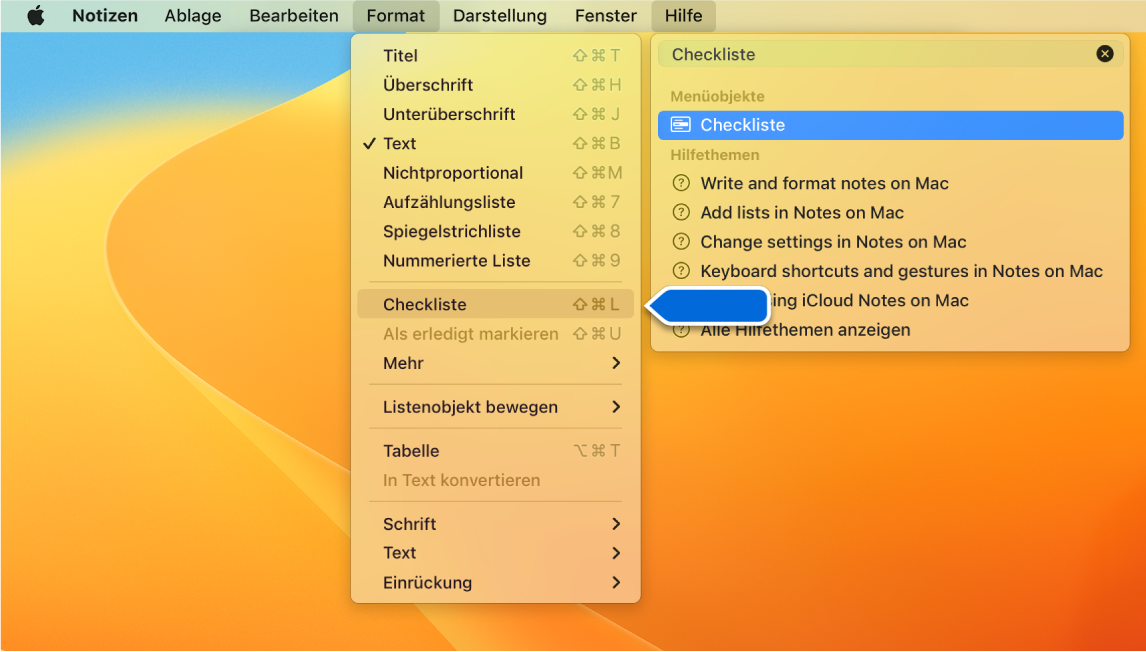 Das Menü „Hilfe“ mit einer Suche nach „Checkliste“. Der Befehl „Checkliste“ ist in der Ergebnisliste im Menü „Format“ hervorgehoben.