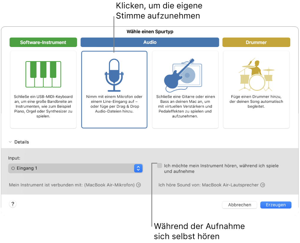 GarageBand-Instrumentbereich mit Taste zur Stimmaufzeichnung und Wiedergabe während der Aufnahme