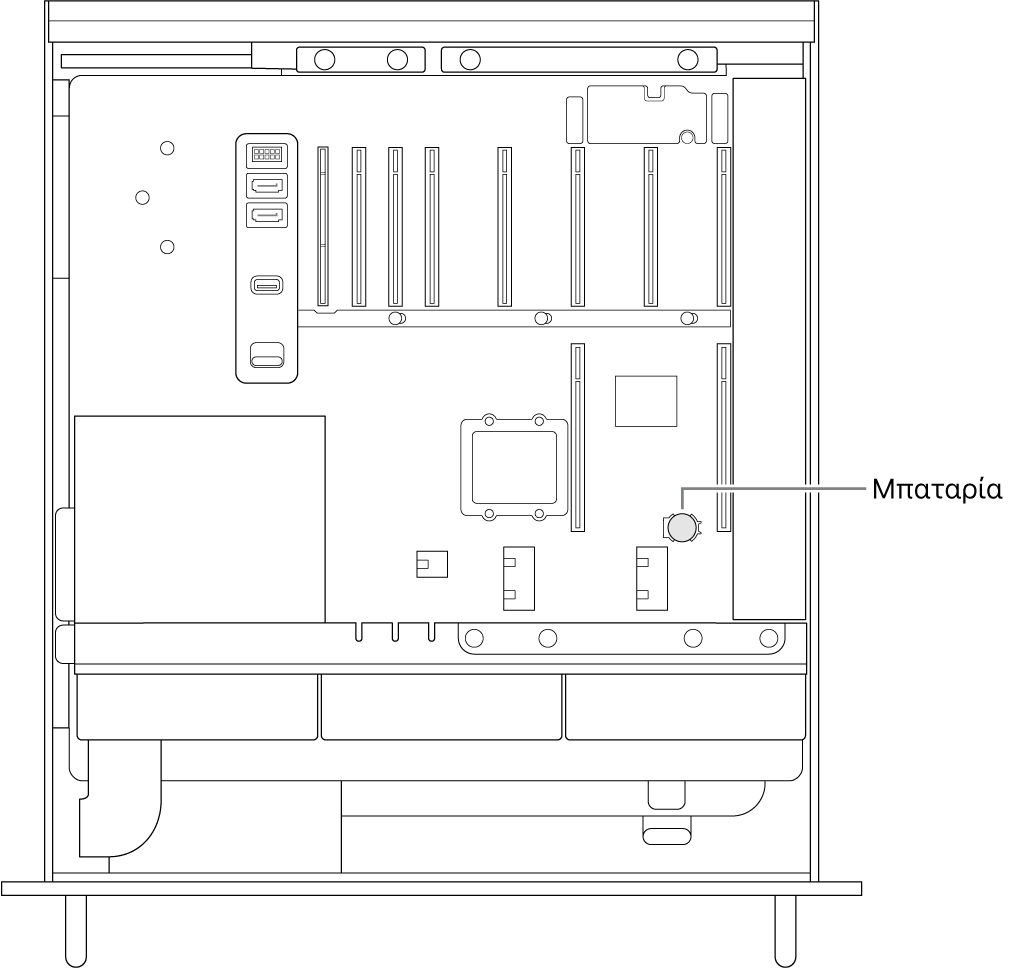 Μια ανοιχτή πλαϊνή προβολή του Mac Pro που απεικονίζει τη θέση της μπαταρίας κουμπιού.