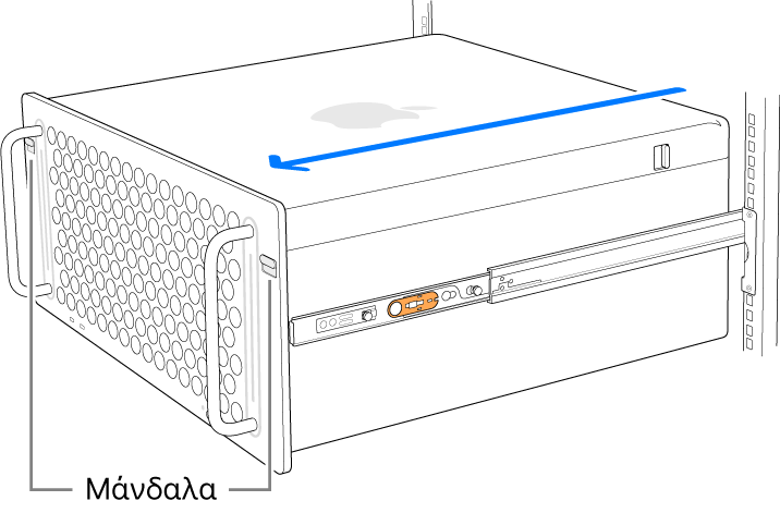 Mac Pro τοποθετημένο σε ράγες που έχουν προσαρτηθεί σε ικρίωμα.