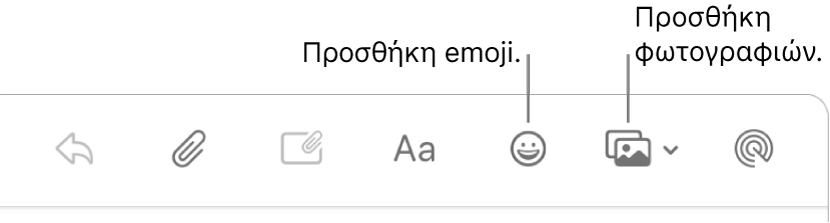 Παράθυρο σύνθεσης όπου εμφανίζονται τα κουμπιά emoji και φωτογραφιών.