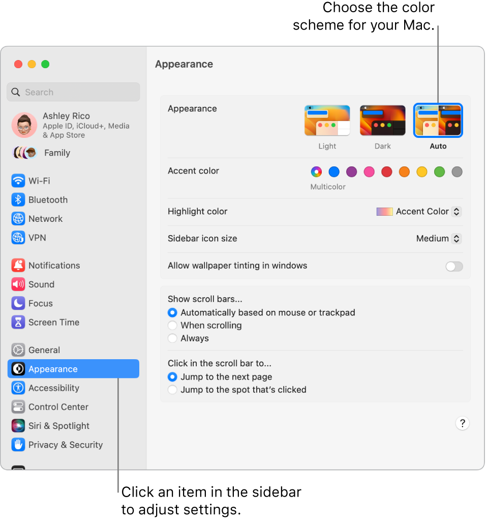 The Appearance settings in System Settings.