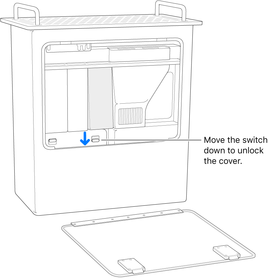 Mac Pro standing on its end, highlighting the switch that unlocks the DIMM cover.