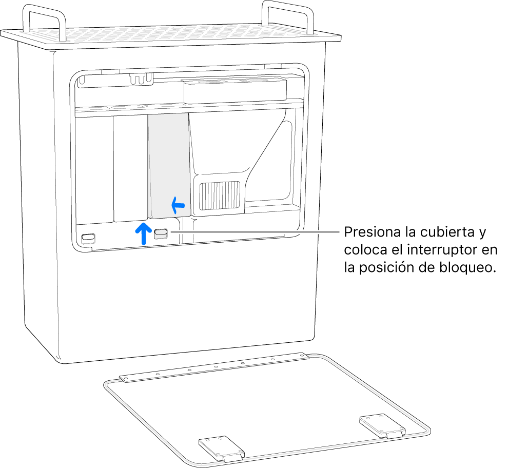 Mac Pro sobre la parte trasera; se muestra cómo mover el interruptor DIMM a la posición de bloqueo.