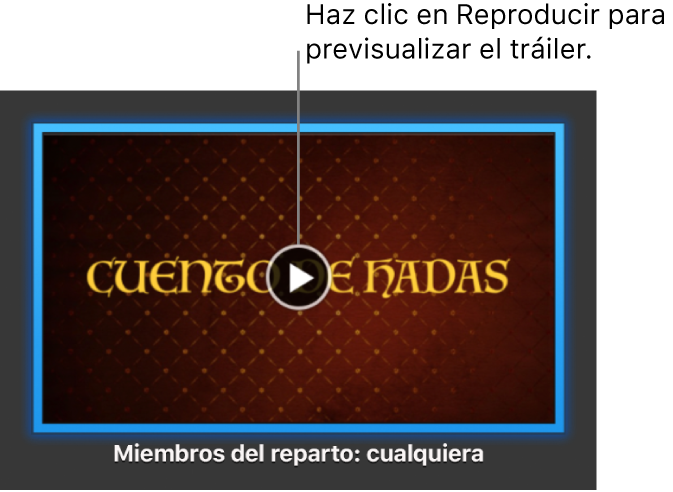 Pantalla de un tráiler de iMovie mostrando el botón Reproducir.