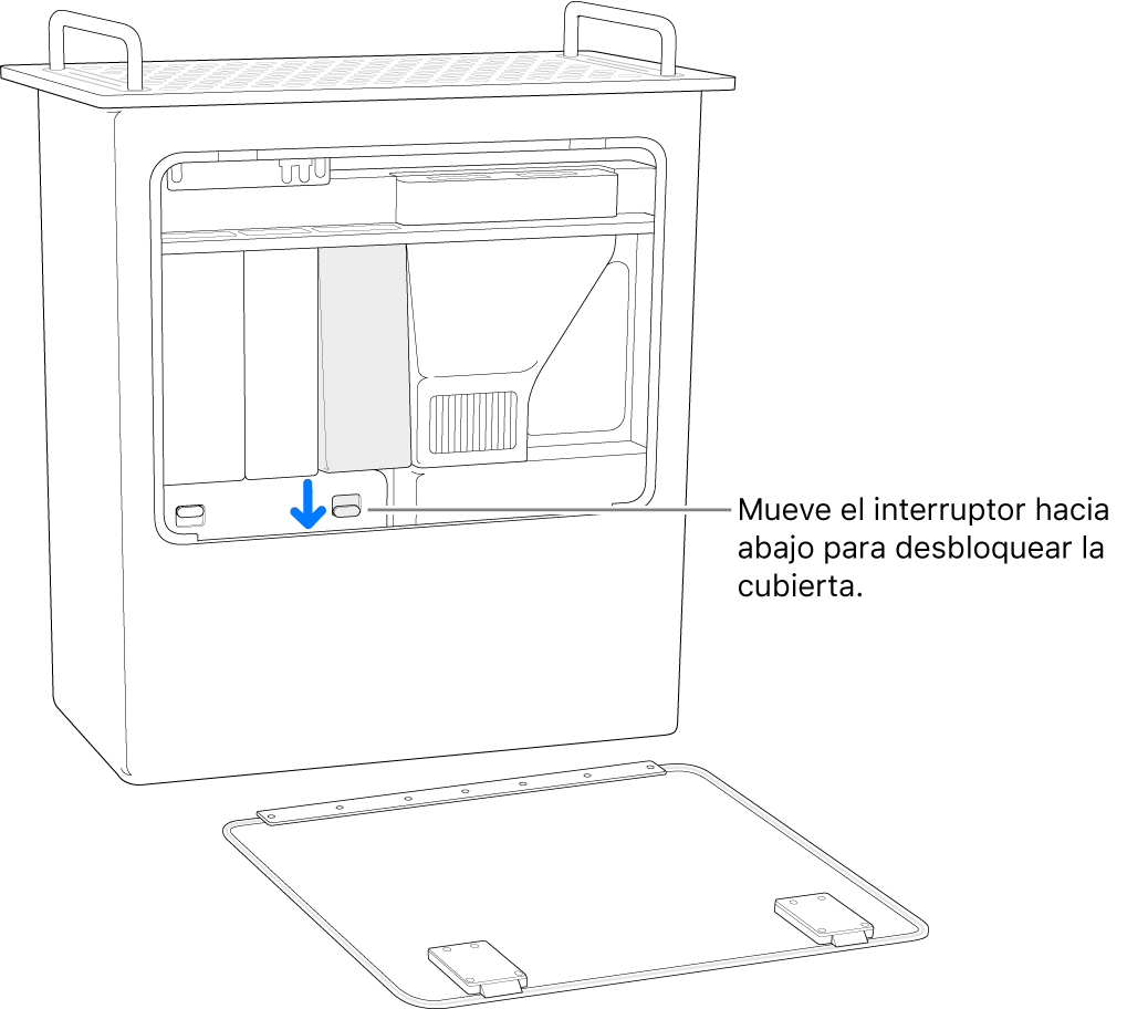 Mac Pro sobre la parte trasera, con el interruptor que desbloquea la cubierta DIMM resaltado.