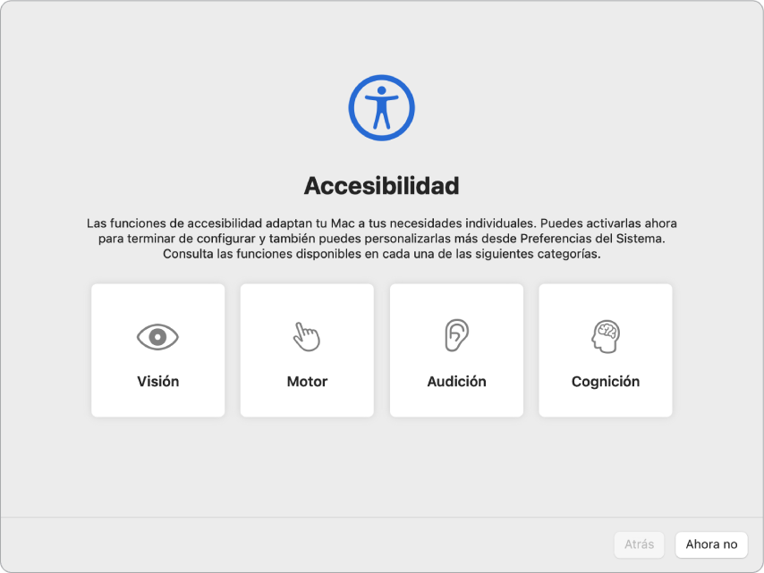 La pantalla de una Mac que muestra las opciones de Accesibilidad en el Asistente de Configuración.