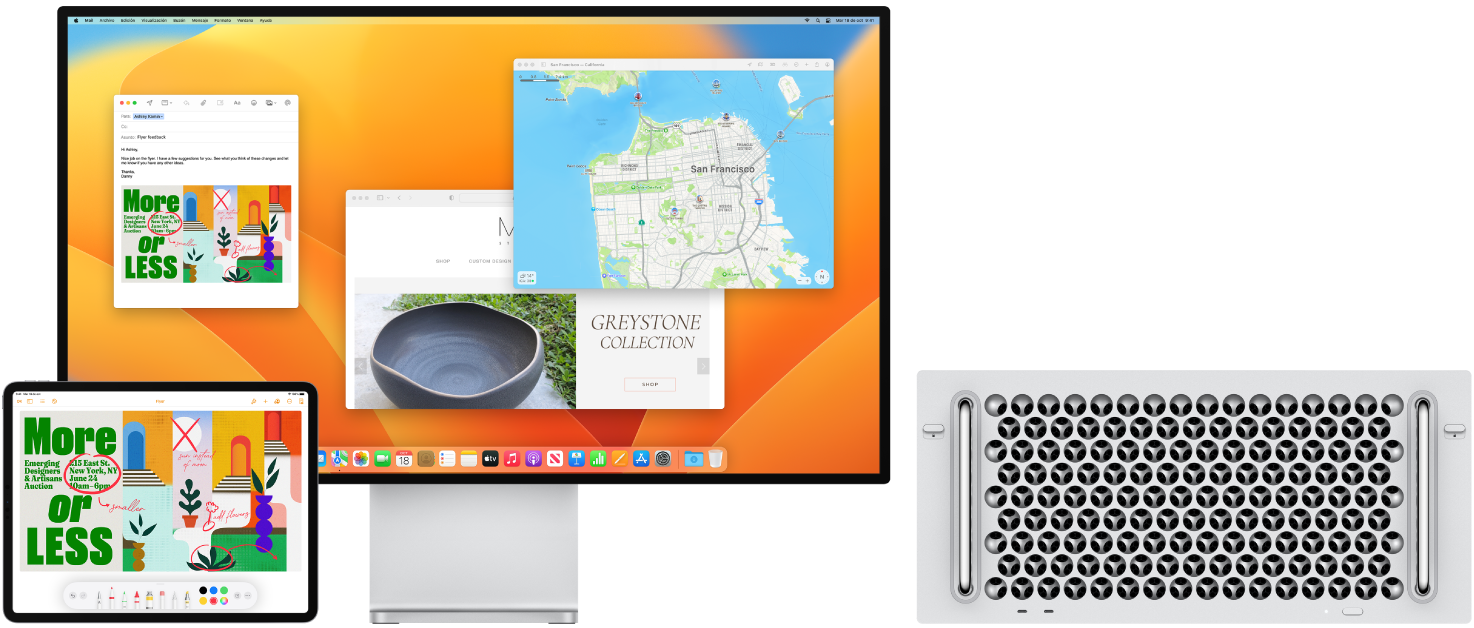 Se muestra una Mac Pro junto a un iPad. La pantalla del iPad muestra un anuncio con anotaciones. La pantalla conectada a la Mac Pro tiene un correo de Mail con el diseño del volante con anotaciones del iPad en forma de archivo adjunto.