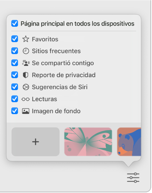 El menú desplegable Personalizar Safari con las casillas Favoritos, Sitios frecuentes, Se compartió contigo, Reporte de privacidad, Sugerencias de Siri, Lecturas e Imagen de fondo.