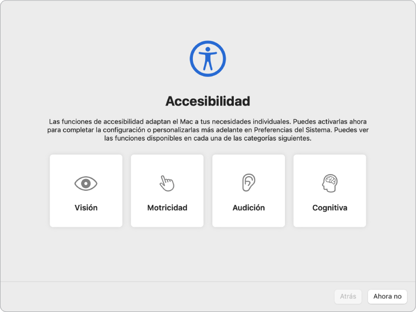 Una pantalla de Mac con las opciones de accesibilidad en el asistente de configuración.