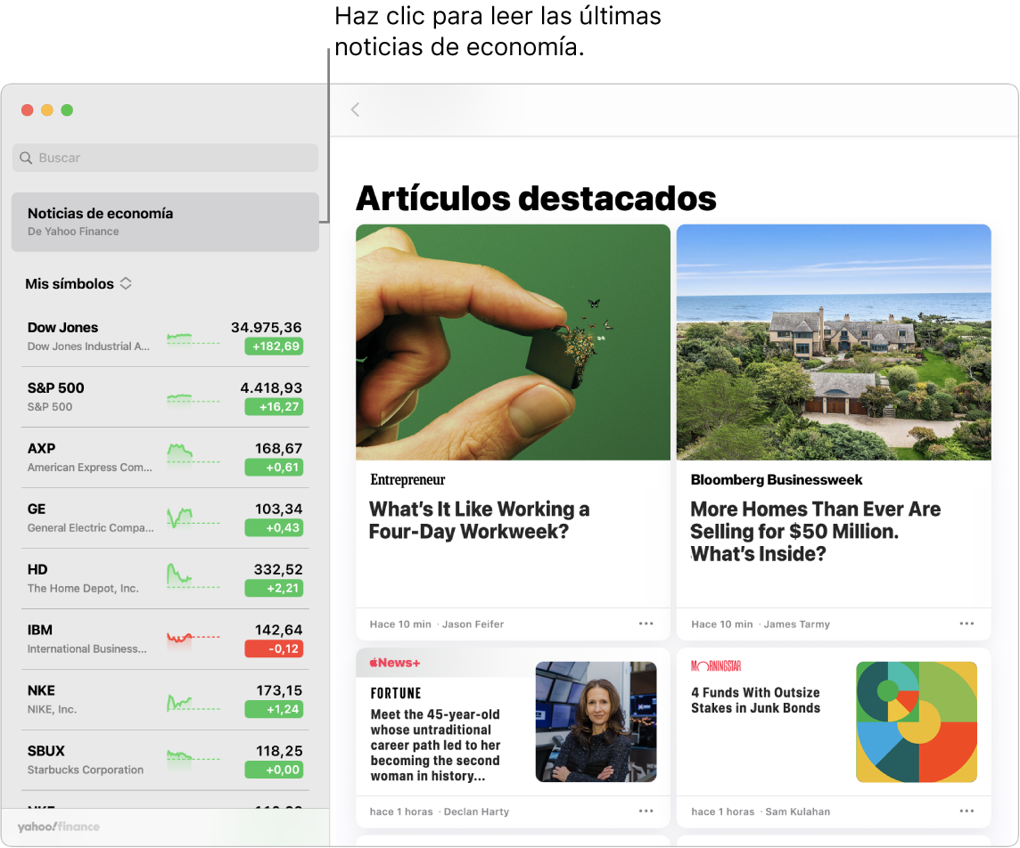 El dashboard de Bolsa con los precios de mercado en una lista de valores con sus correspondientes Artículos destacados.