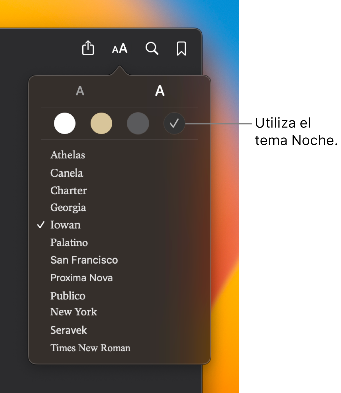 Una ventana de la app Libros donde se ve el menú Apariencia.