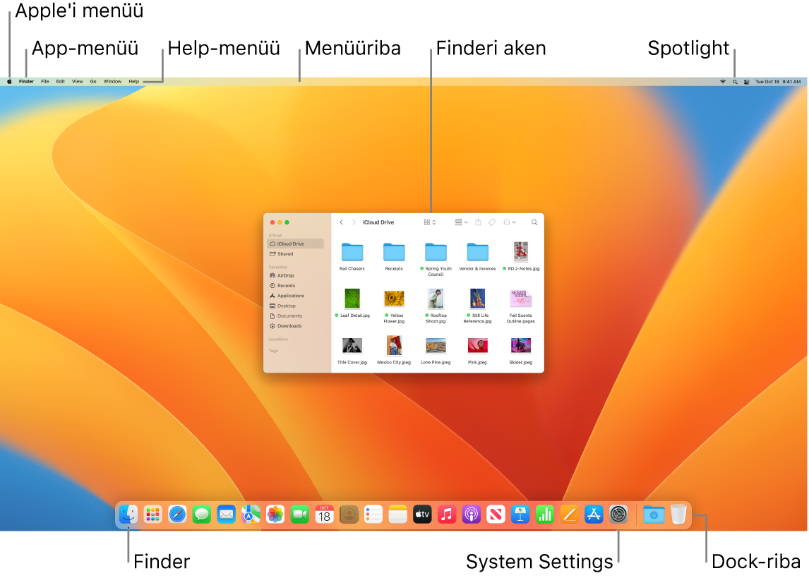 Maci ekraanil kuvatakse Apple-menüüd, App-menüüd, Help-menüüd, menüüriba, Finderi akent, Spotlighti ikooni, Finderi ikooni, System Settingsi ikooni ja Docki.