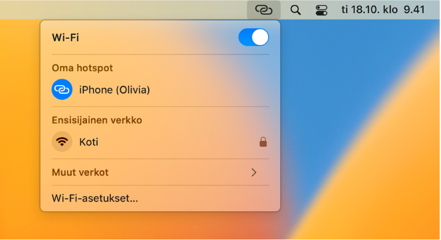 Macin näyttö, jonka Wi-Fi-valikossa näkyy Oma hotspot iPhonessa.