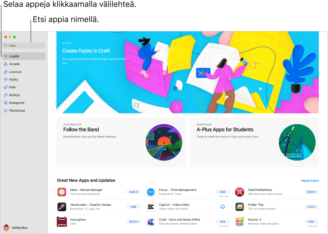 App Store -ikkuna, jossa näkyy hakukenttä ja Safarin laajennusten sivu.