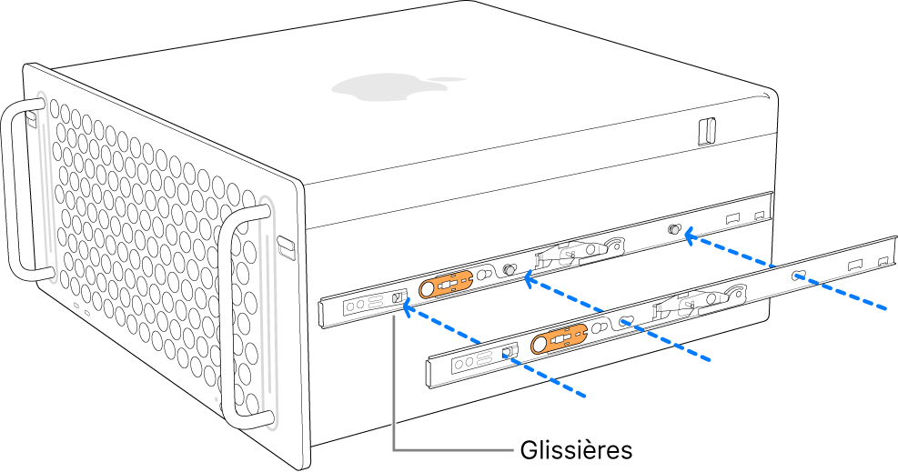 Le Mac Pro avec un rail intérieur étant fixé à son bord.