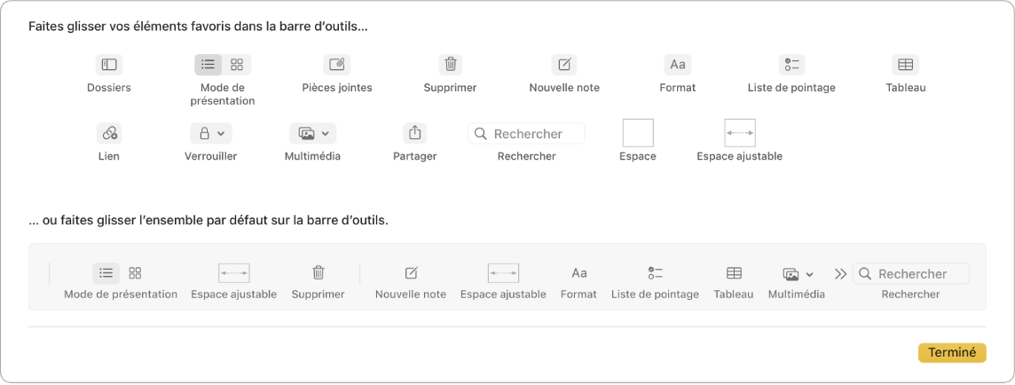 Fenêtre de Notes affichant les options disponibles de la barre d’outils personnalisée.