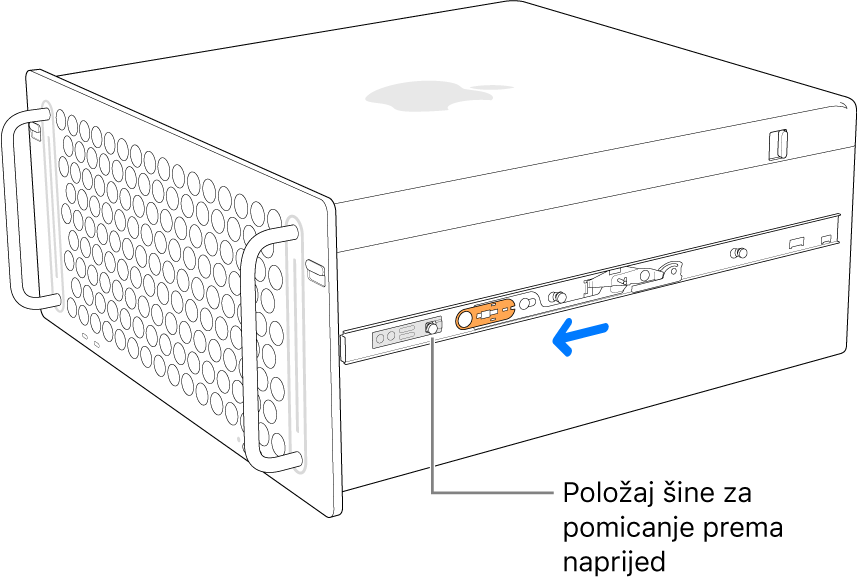 Mac Pro s nosačem koji se pomiče prema naprijed i zaključava na svom mjestu.