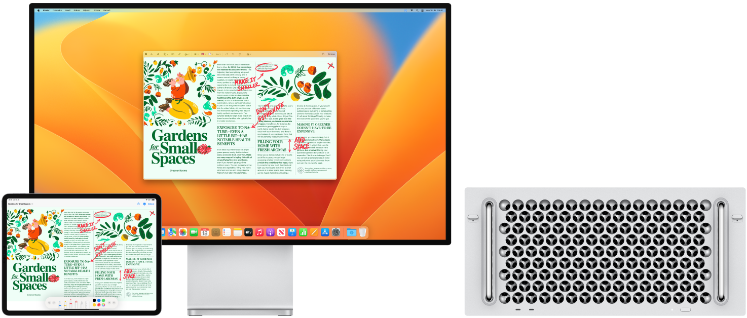 Mac Pro i iPad jedan do drugog. Oba zaslona prikazuju članak prekriven nažvrljanim crvenim uređivanjima poput prekriženih rečenica, strelica i dodanih riječi. iPad također ima kontrole za označavanje pri dnu zaslona.
