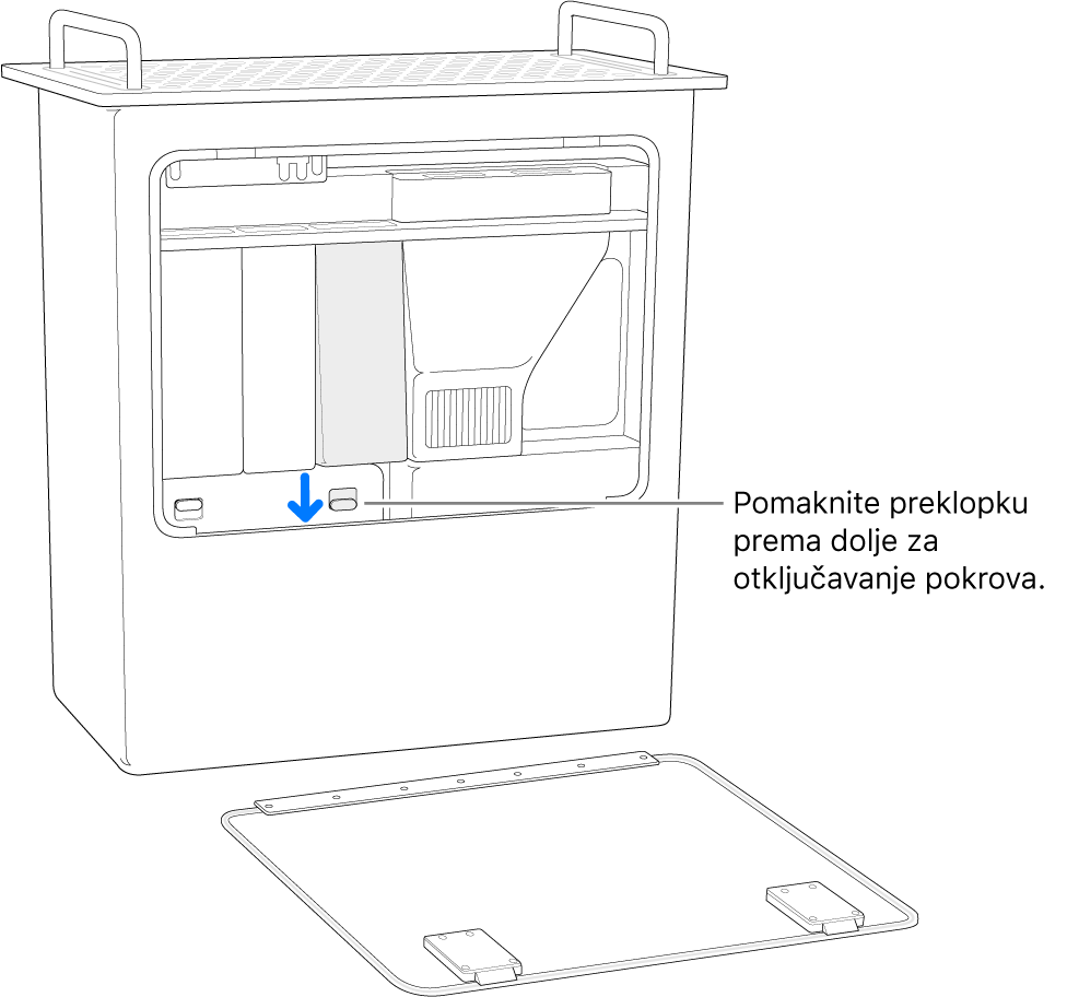 Mac Pro stoji uspravno, istaknut je prekidač koji otključava DIMM pokrov.