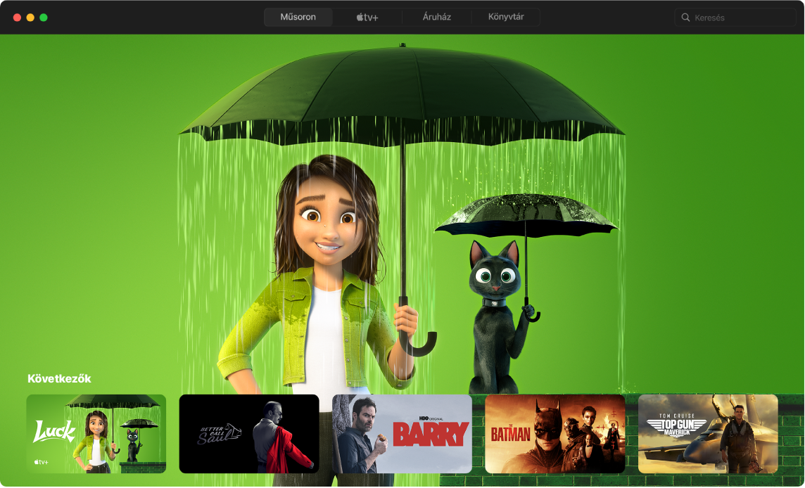 Az Apple TV app egy ablakában a Műsoron nézet látható.
