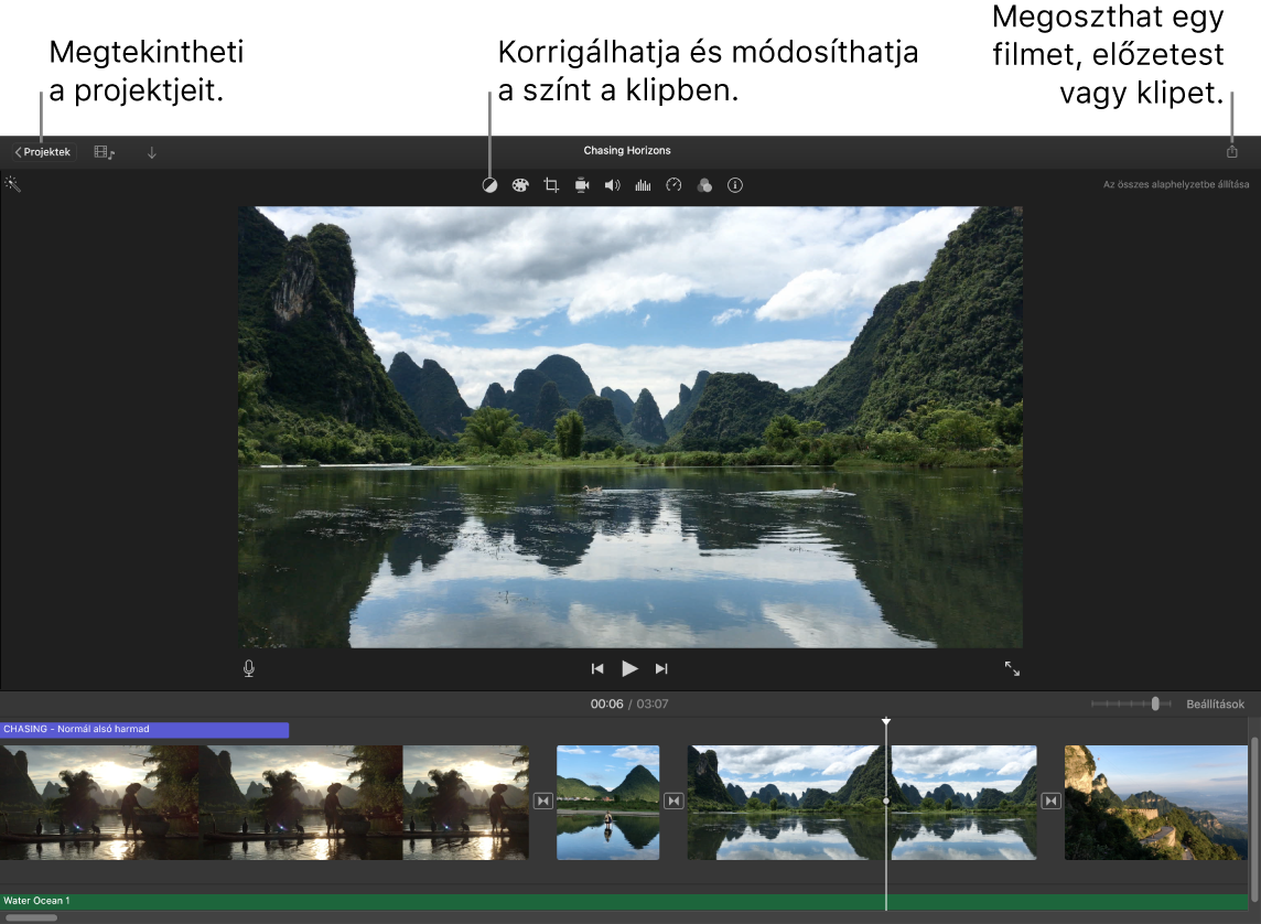 Gombok egy iMovie-ablakban, amelyekkel megtekintheti a projektjeit, korrigálhatja és beállíthatja a színeket, illetve megoszthatja a filmjét, előzetesét vagy filmklipjét.