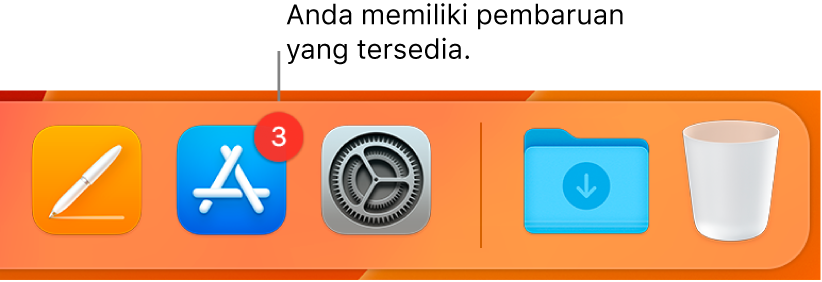 Bagian di Dock menampilkan ikon App Store dengan lencana, menunjukkan bahwa pembaruan tersedia.