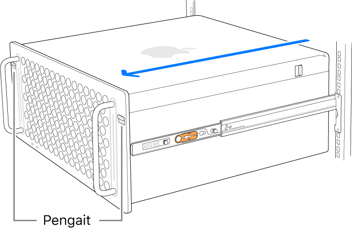 Mac Pro menyandar pada rel yang terpasang pada rak.