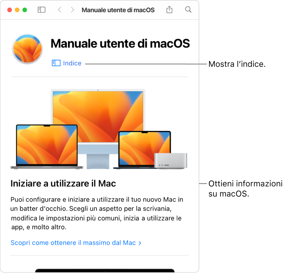 Pagina di benvenuto del Manuale utente di macOS che mostra il link dell’indice.