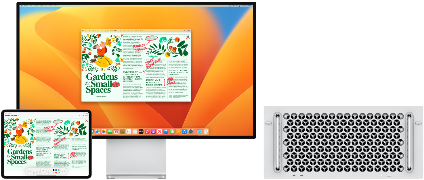 Mac Pro e iPad uno accanto all'altro. Entrambi gli schermi mostrano un articolo con modifiche disegnate in rosso, come frasi cancellate, frecce e parole aggiunte. iPad mostra i controlli di modifica nella parte inferiore dello schermo.