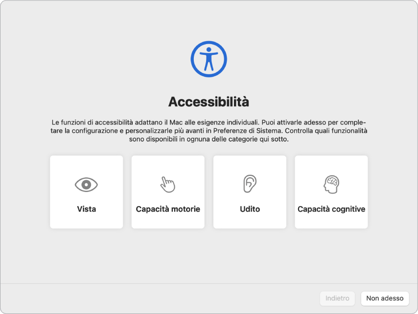 Schermo di un Mac che mostra le opzioni di Accessibilità in Impostazione Assistita.