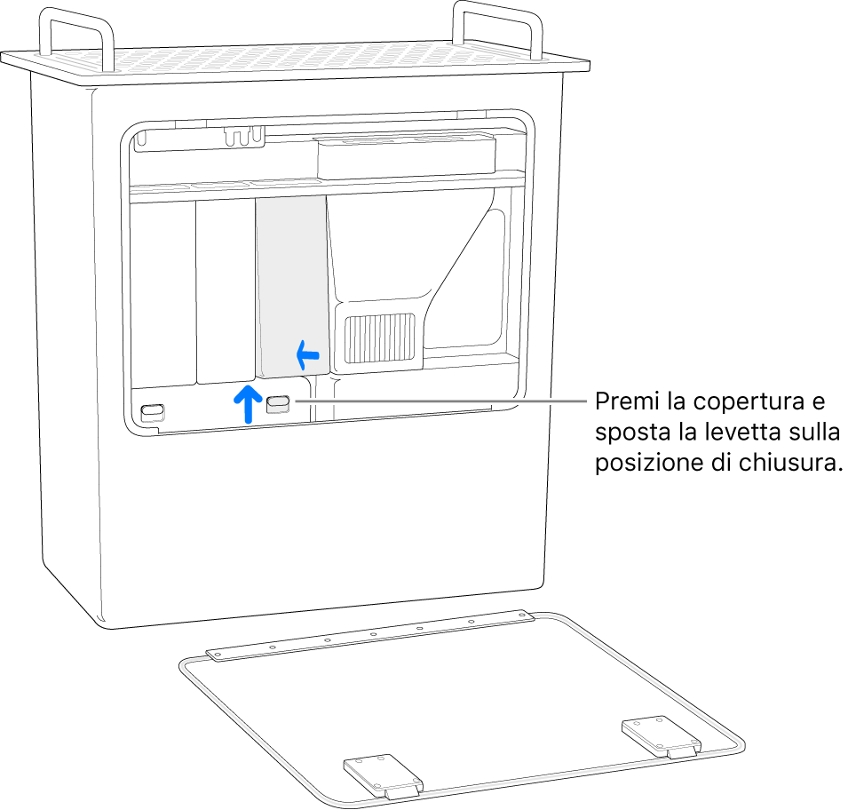 Mac Pro in posizione verticale su un lato, mostrante come spostare l'interruttore DIMM nella posizione bloccata.