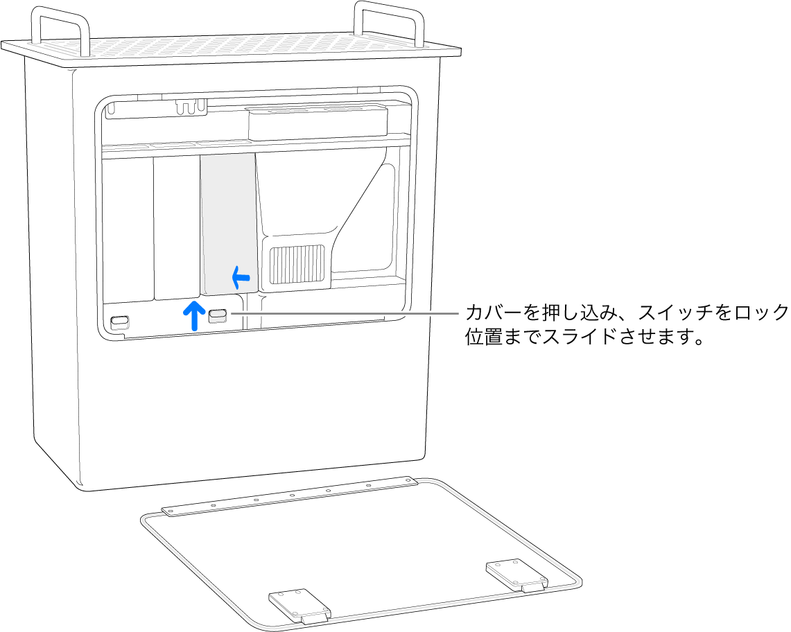 縦に置いてあるMac Pro。DIMMスイッチをロック位置に動かす方法が示されています。