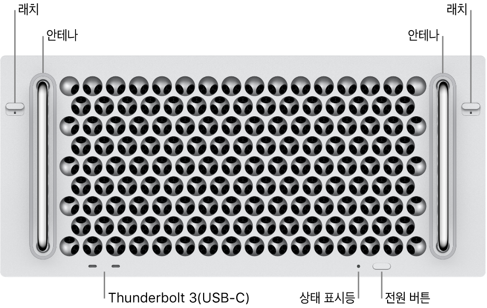 Thunderbolt 3(USB-C) 포트 두 개, 시스템 표시등, 전원, 버튼 및 안테나를 표시하는 Mac Pro의 앞면.