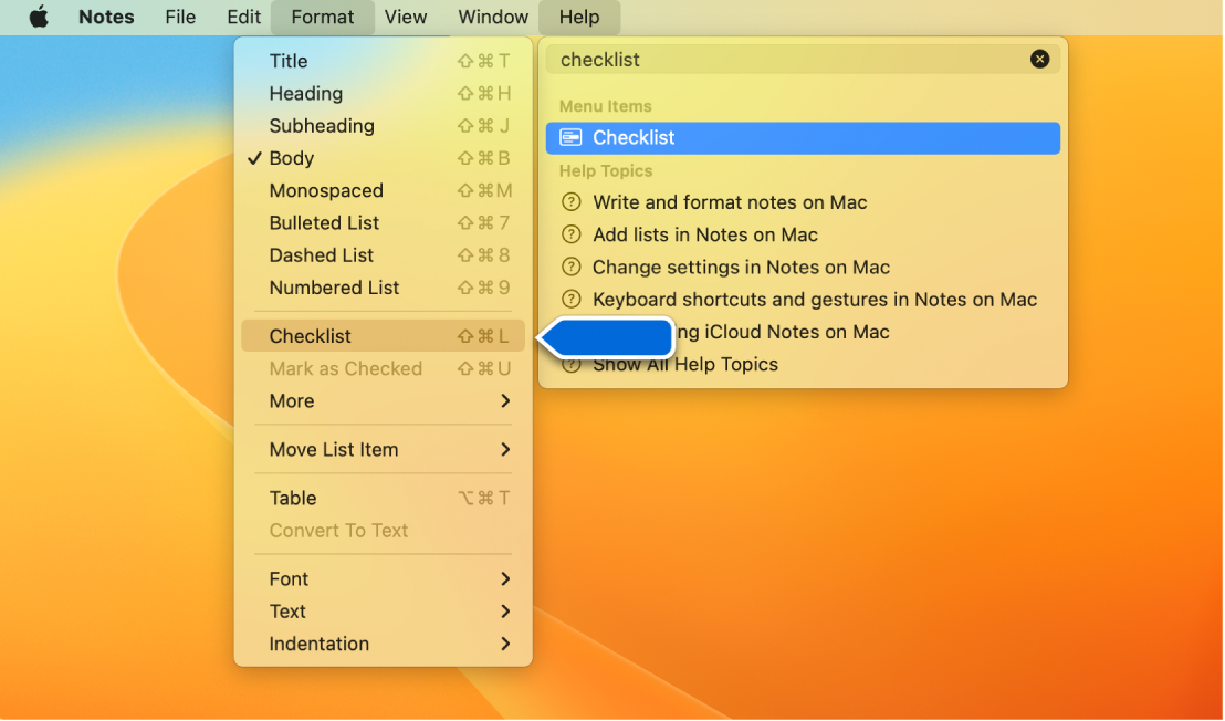 Izvēlnē Help redzams meklēšanas vaicājums “checklist”, un izvēlnē Format ir izcelts Checklist.