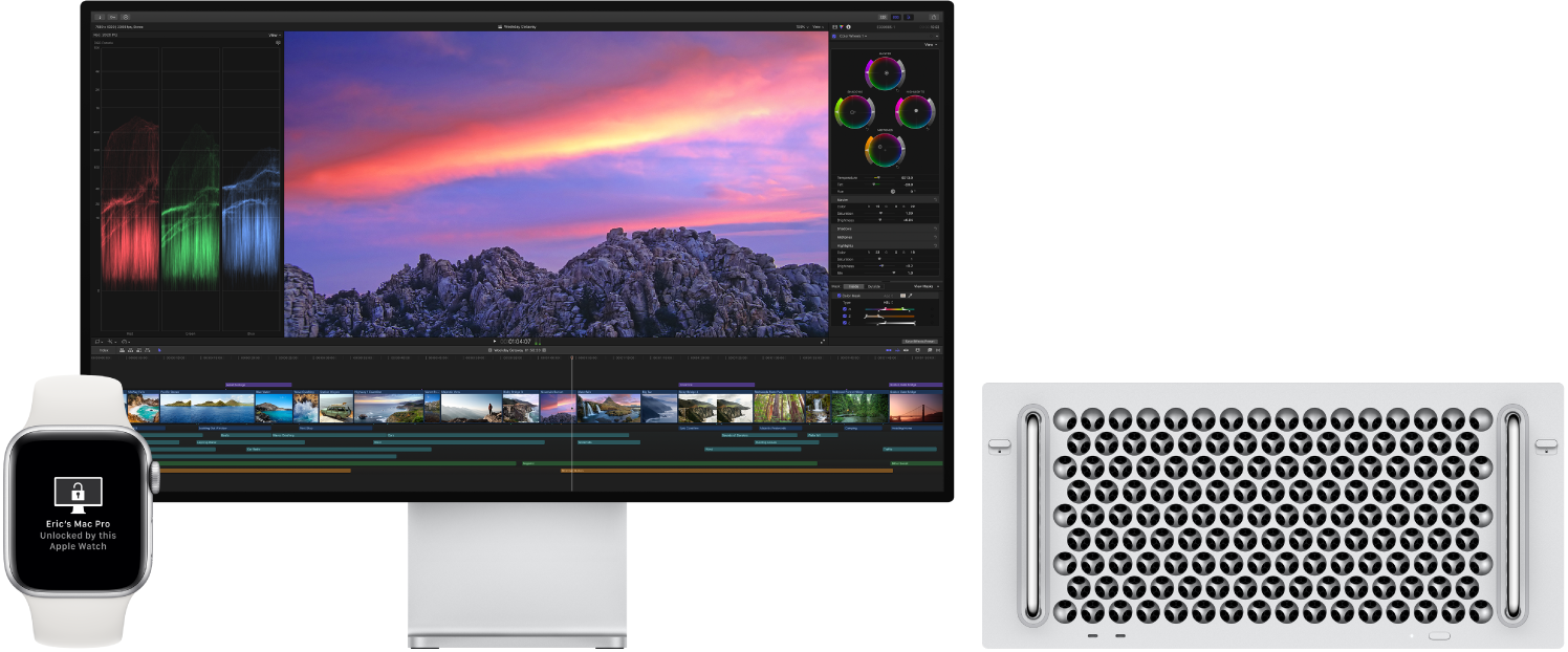 Mac Pro dators un tā monitors blakus Apple Watch pulkstenim, kurā redzams ziņojums, ka Mac dators ir atbloķēts ar pulksteni.