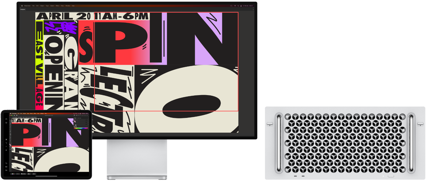 Een Mac Pro en een iPad naast elkaar. Op de Mac Pro wordt een illustratie weergegeven in het navigatiepaneel van Illustrator. Op de iPad is dezelfde illustratie te zien in het documentvenster van Illustrator, omgeven door knoppenbalken.