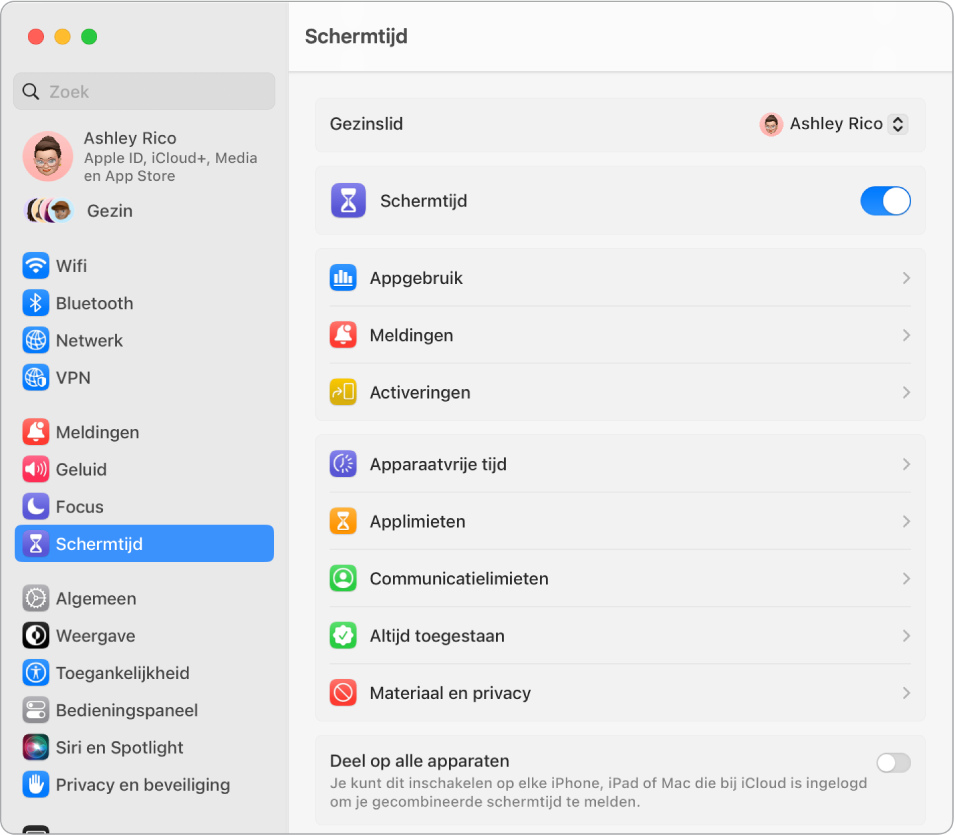  Een venster met schermtijdinstellingen, met opties voor appgebruik, meldingen en activeringen, evenals opties voor het beheer van schermtijd, zoals het inplannen van apparaatvrije tijd en limieten voor apps en communicatie.