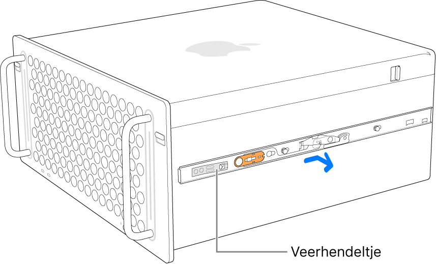 Een rail die wordt losgehaald van de zijkant van de Mac Pro.