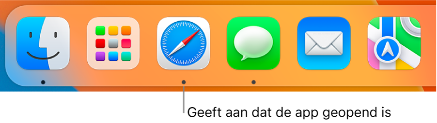 Een deel van het Dock met zwarte stippen onder geopende apps.