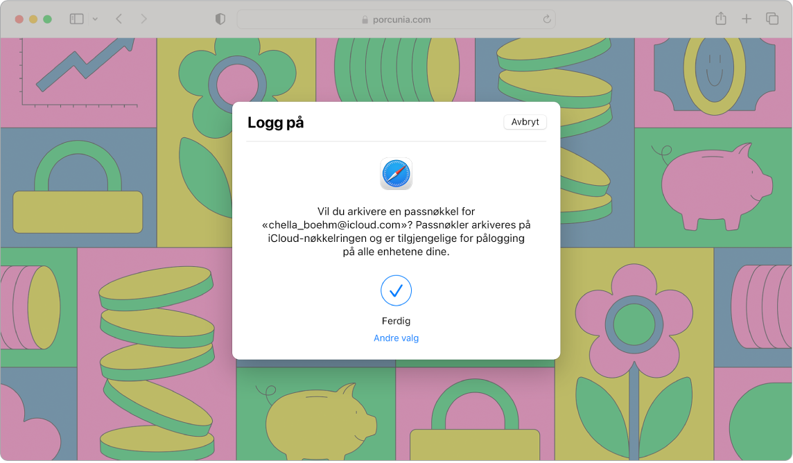 Et Safari-vindu som viser en Logg på-dialogrute som spør om brukeren vil arkivere en passnøkkel. Dialogruten sier at passnøkler lagres i iCloud-nøkkelringen og at den er tilgjengelig for pålogging på alle enhetene dine. En blå hake viser at en passnøkkel har blitt opprettet, og det er en lenke til Andre valg for å opprette en passnøkkel.