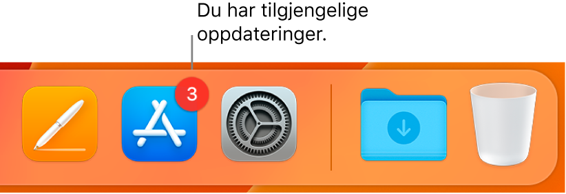 En del av Dock som viser App Store-symbolet med et merke, som viser at det finnes tilgjengelige oppdateringer.