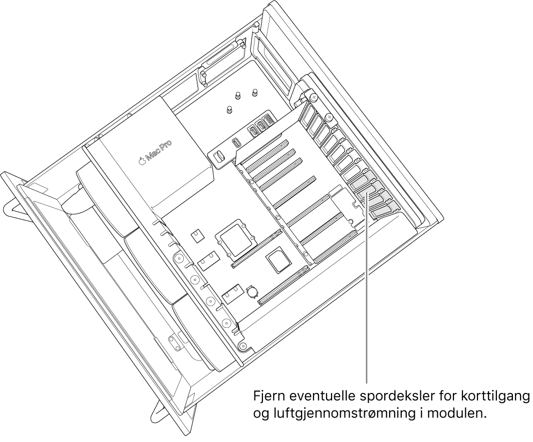 Fjern eventuelle plassdeksler som er nødvendig for tilgang til kortporten og luftgjennomstrømming gjennom modulen.