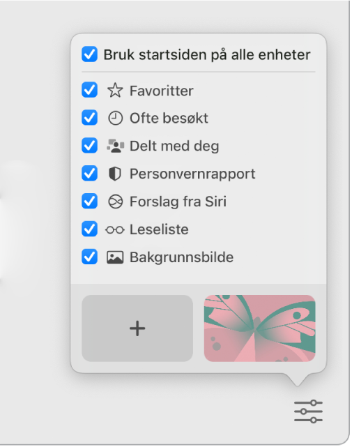 Lokalmenyen Tilpass Safari med avkrysningsruter for Favoritter, Ofte besøkt, Delt med deg, Personvernrapport, Siri-forslag, Leseliste og Bakgrunnsbilde.