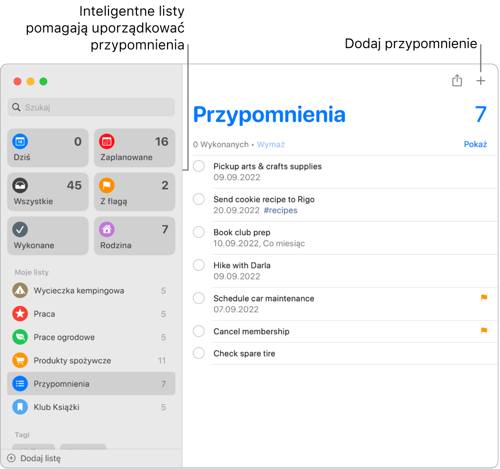 Okno aplikacji Przypomnienia z listą inteligentną widoczną po lewej oraz innymi przypomnieniami i listami znajdującymi się poniżej. Wskaźnik jest na przypomnieniu. Pokazane są dymki pomocy do list inteligentnych i przycisku Dodaj nowe przypomnienie.